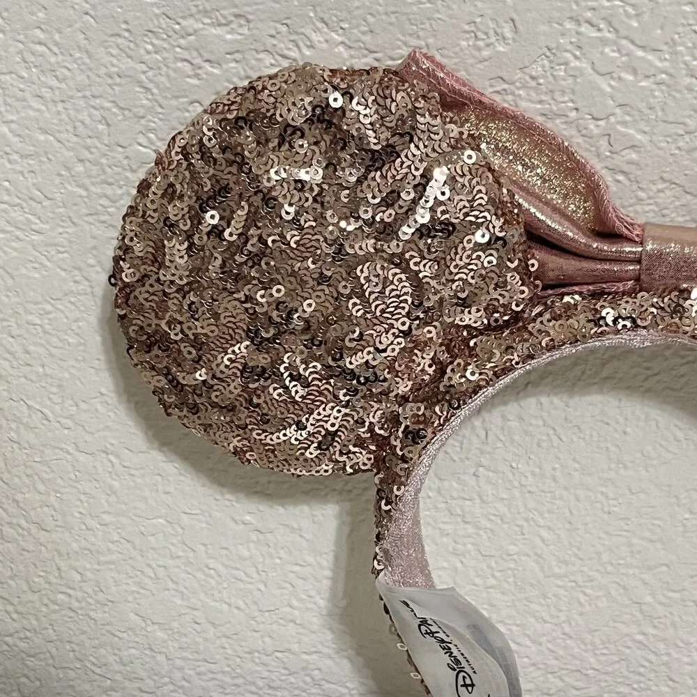 Disney Parks Minnie Mouse Ears Rose Gold Champagne Bow Sequin Headband